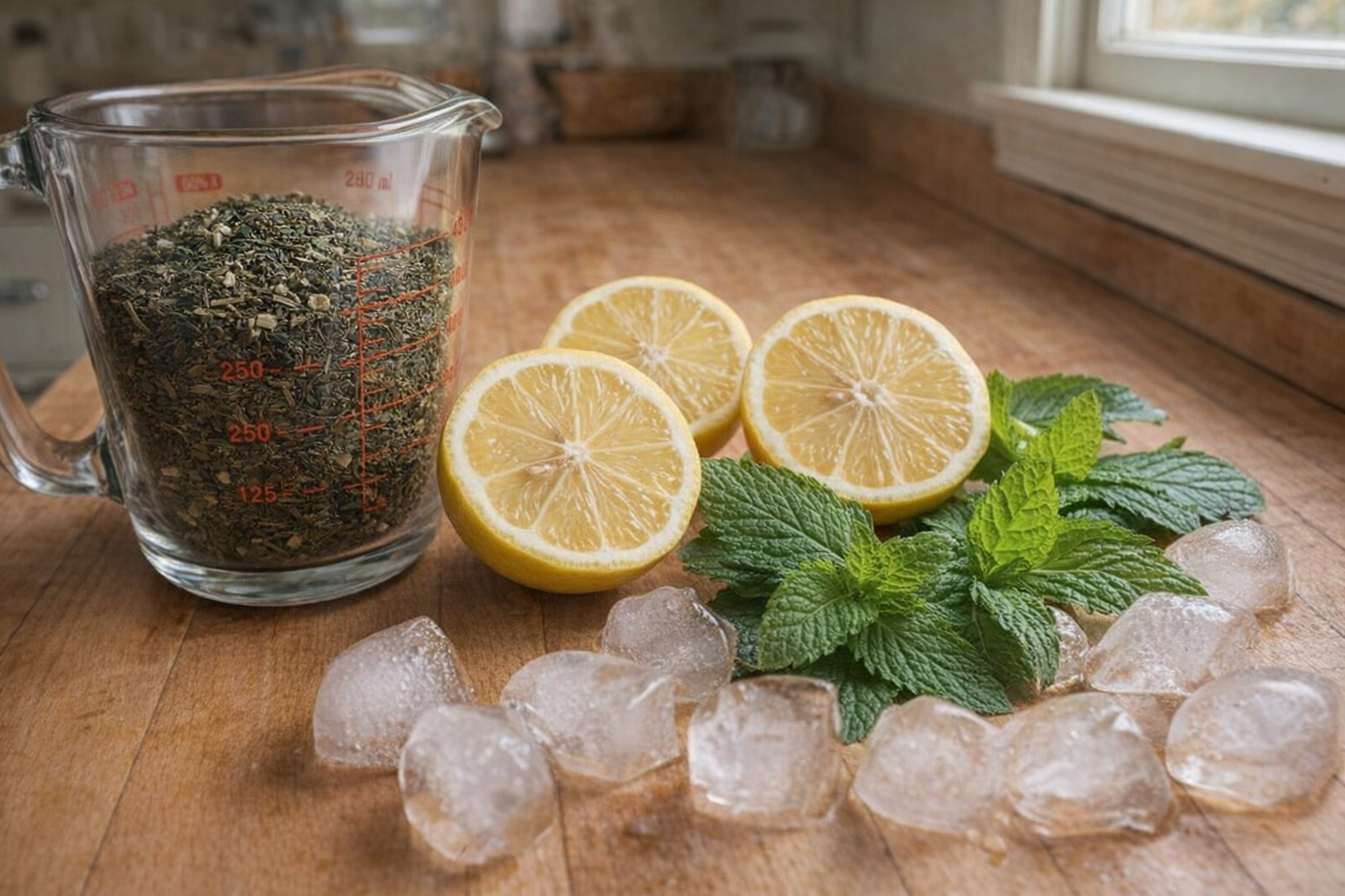 A close-up of tea leaves in a glass measuring cup, sliced lemons, fresh mint, and ice cubes arranged on a wooden countertop